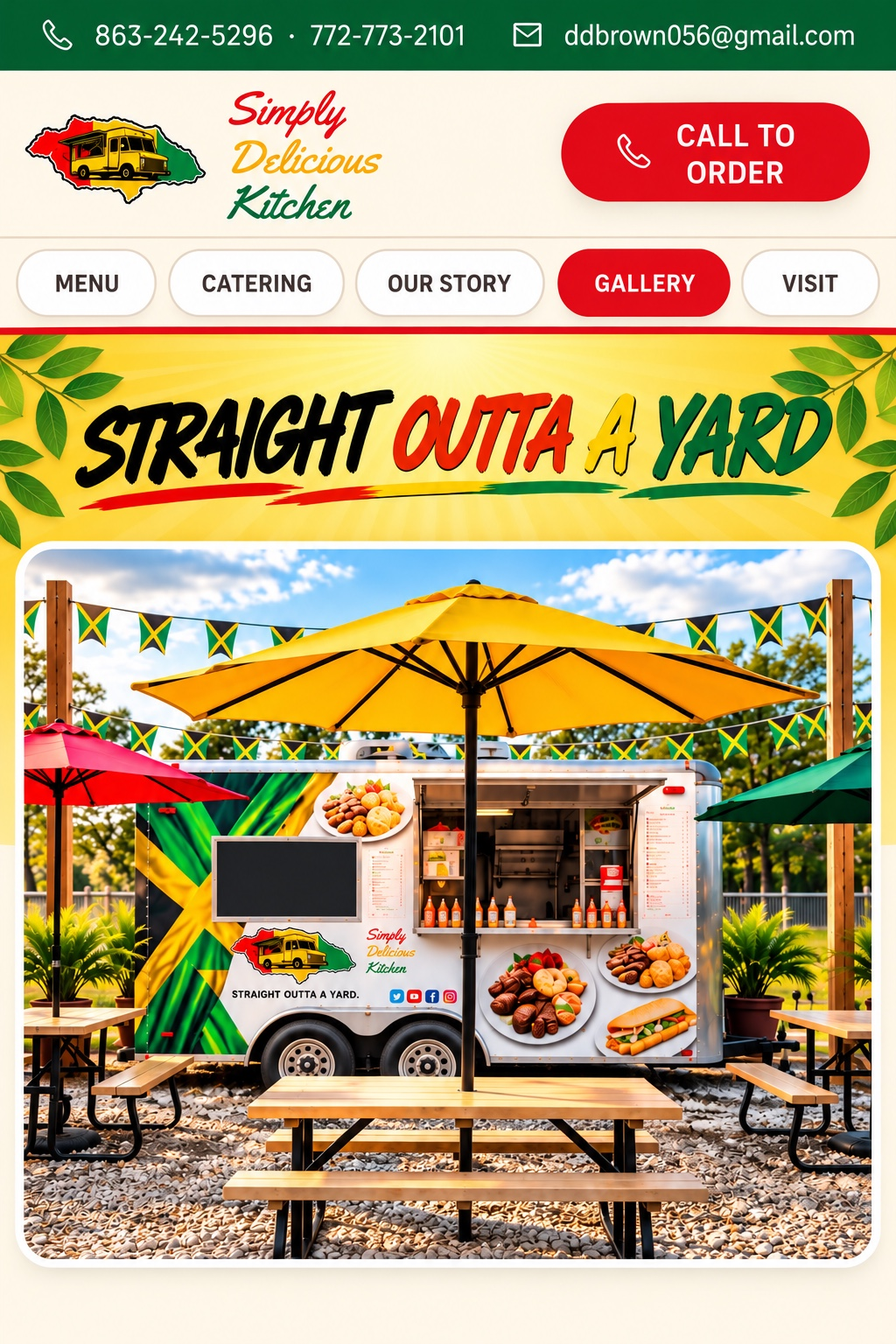 Approved Simply Delicious Kitchen food-truck design, with a yellow umbrella, picnic tables and Jamaican flags